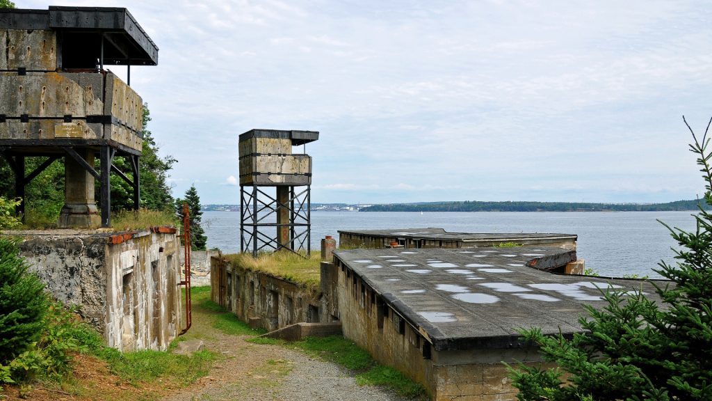 Gun emplacements and military fortifications at York Redoubt National Historic Site overlooking Halifax Harbour, Nova Scotia